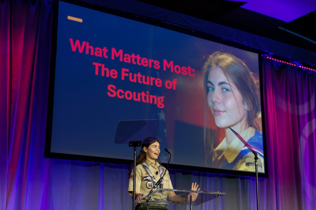 Selby Chipman, a 20-year-old inaugural female Eagle Scout, speaking at the Boys Scouts of America annual meeting in Orlando, Fla