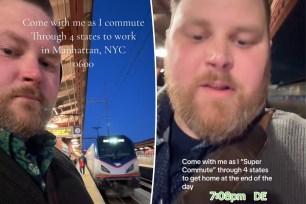 (Left) Kyle Rice super commutes from Wilmington, Delaware to New York City for work. (Right) Rice on his way back to Delaware after work.