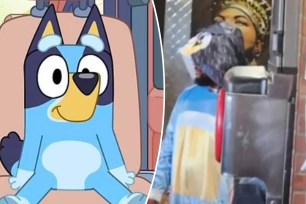 A collage of a person in a Bluey costume, bluey screengrab