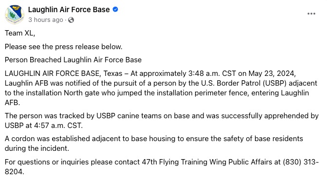 Statement from Laughlin Air Force base