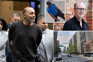 Collage of Steve Buscemi walking in a city, Clifton Williams in Manhattan arraignment court