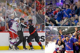 composite image: left ny ranger player fighting on the ice with a ref in between him and an opponent; right ranger fans at the garden; lower right ranger fans right up next to the glass cheering during warmups at a rangers game in carolina