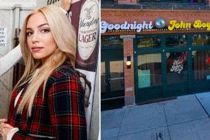 composite image: left, alex cooper in a red plaid flannel shirt looks into the camera; right the exterior of the good night john boy club