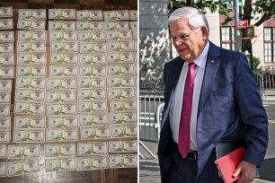 cash laid out on a table; right, bob menendez walking carrying notebooks