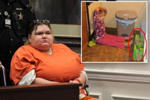 Tamara Banks in orange jumpsuit being push in a wheelchair in court; inset top right of Karmity Hoeb sitting on floor near garbage pail