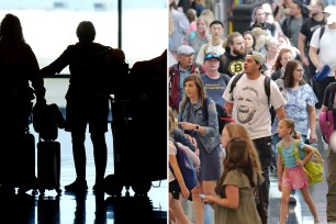 Silhouette of travelers pushing luggage at left; crowds of travelers in airport at right