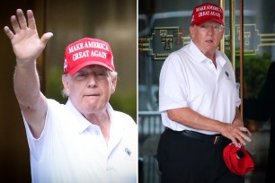 Donald Trump leaving trump tower in a white golf shirt black pants and a red maga hat waving to supporters