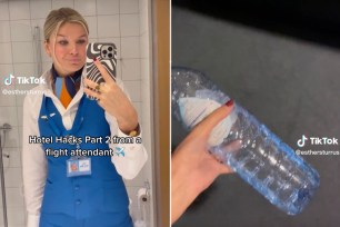 Flight attendant Esther Sturrus, left, in tiktok video; at right, water bottle