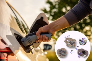 A person holding a charging cable to an electric car, representing a future of affordable and sustainable transportation