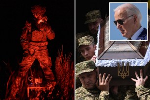 A collage of soldiers carrying a coffin with Joe Biden present