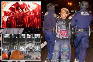 Members of the New York Police Department detain protestors who did not leave a pro-Palestinian encampment at City College of New York on Tuesday, April 30, 2024 in New York, N.Y.