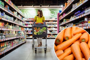 A woman pushing a shopping cart in a grocery store