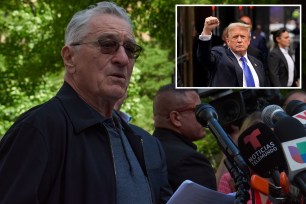 Robert De Niro speaks at press conference; Donald Trump raises first in air (inset)