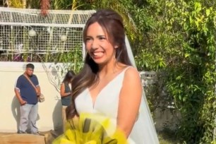 Bride Joelle Yuvienco and her Pomeranian, Sago, on the woman's wedding day in April 2024.