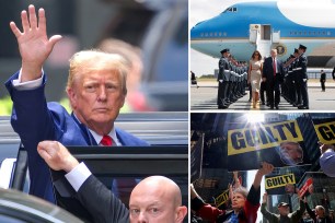 composite image:left trump waving as he's about to step into a waiting car, with someone holding open the door; upper right trump and wife melania flanked by military after walking off air force one; lower right anti-trump protesters