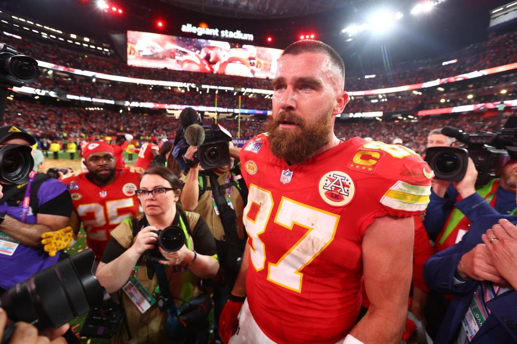 Travis Kelce on the field during Super Bowl 2024 in February 2024.