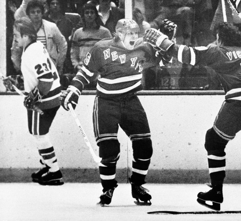 Anders Hedberg of the New York Rangers reacts after he scored the winning goal to beat the New York Islanders 4-3 in the third period of the NHL Stanley Cup semifinals at the Nassau Coliseum in Uniondale, NY, May 5, 1979.