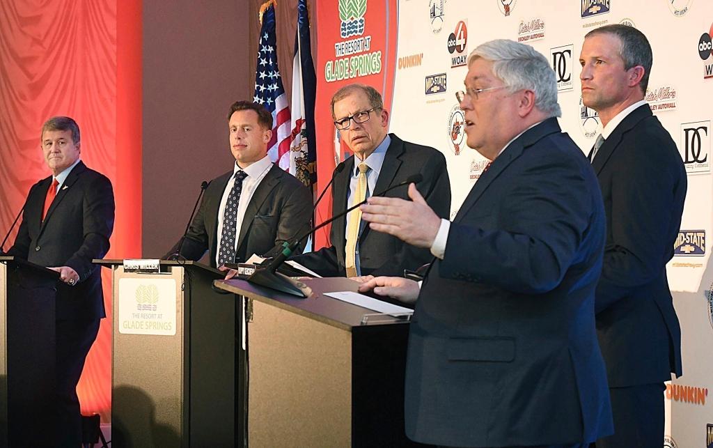 West Virginia Republican gubernatorial candidates participating in a debate in Daniels, West Virginia on Feb. 6, 2024.