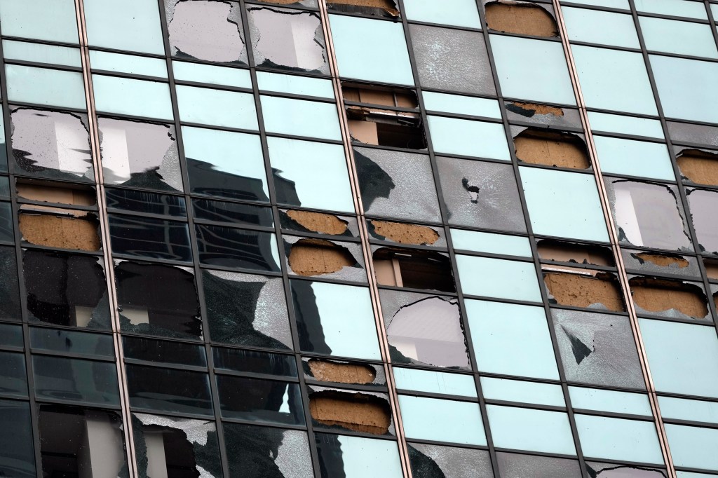 Blown out windows at a high-rise in downtown Houston.