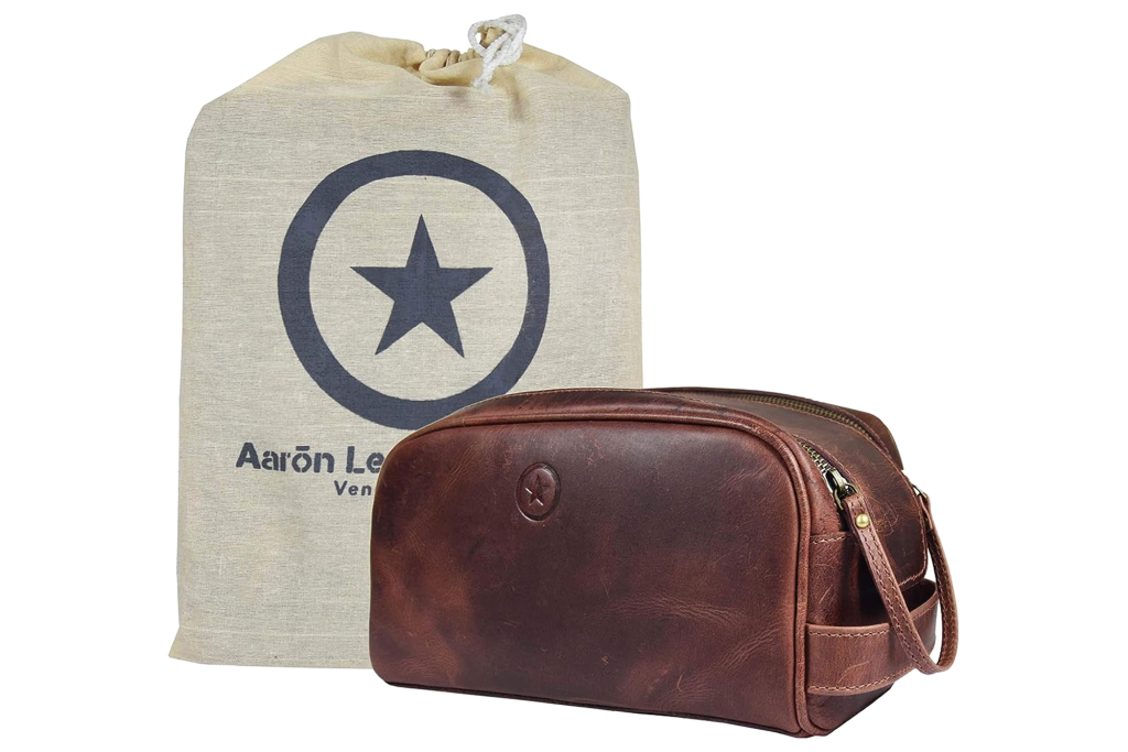 Aaron Leather Goods Premium Leather Toiletry Pouch with Waterproof Lining