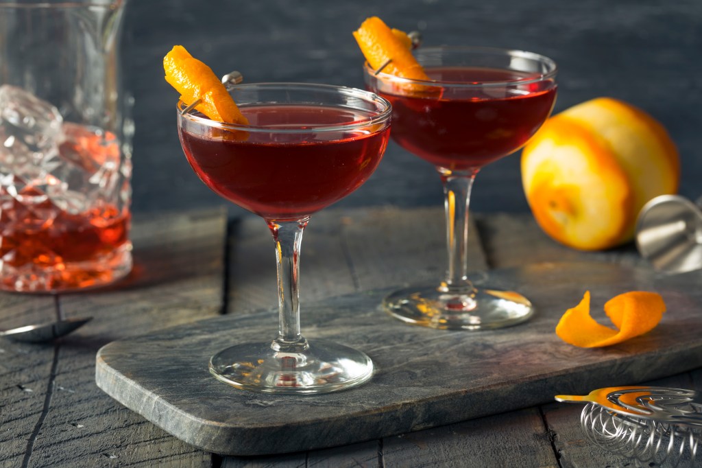 Homemade Red Boulevardier Cocktail with Orange Garnish