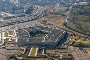 Aerial view of the Pentagon and a large building, presumably the United States Air Force Memo, in the foreground