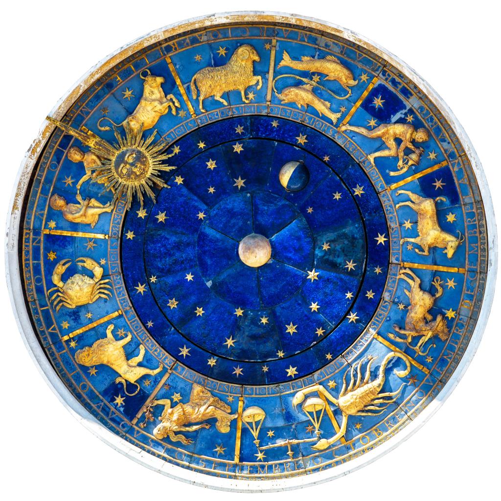 Zodiac wheel and signs of medieval mechanism, isolated on white. Detail of ancient clock Torre dell'Orologio, Venice, Italy. Old symbols of astrology on star circle. Concept of horoscope and time.