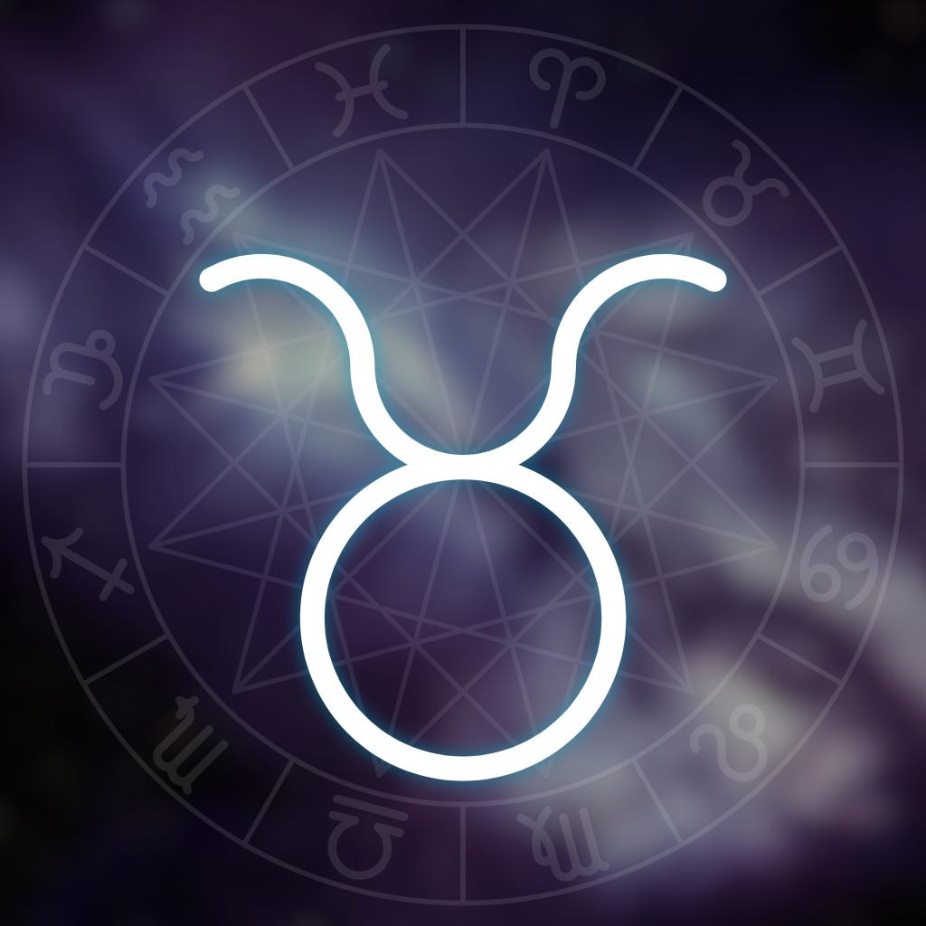 Zodiac sign - Taurus. White thin simple line astrological symbol on blurry abstract space background with astrology chart.