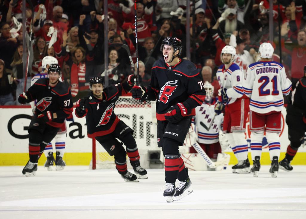 Former Blueshirt Brady Skjei celebrates after scoring the game-winning goal in the closing minutes of the Rangers' 4-3 Game 4 loss to the Hurricanes.