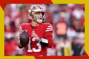 San Francisco 49ers quarterback Brock Purdy drops back to throw a pass.