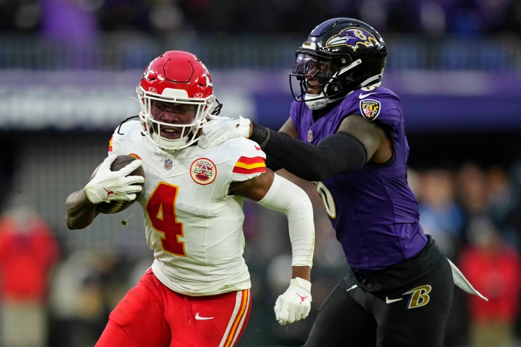 Kansas City Chiefs wide receiver Rashee Rice (4) is tackled by Baltimore Ravens linebacker Patrick Queen (6) during the first half of the AFC Championship NFL football game, Jan. 28, 2024