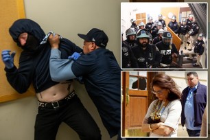 Collage of police officers and a man holding a shirt