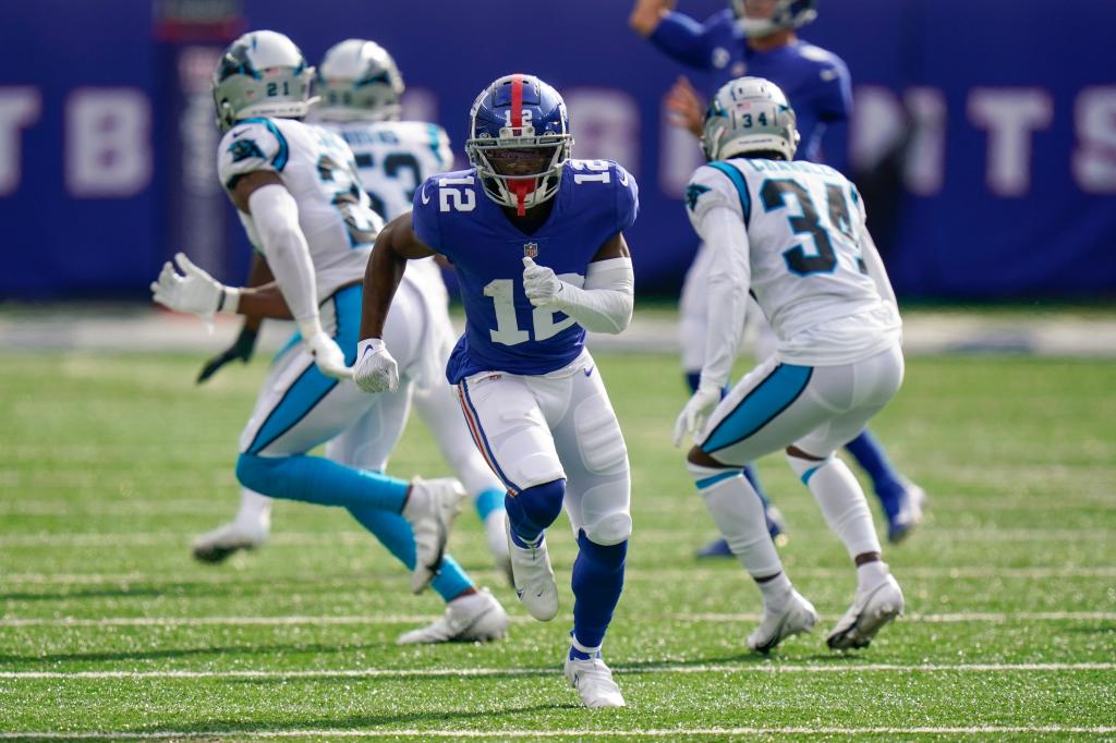 New York Giants wide receiver John Ross (12) during the first half of an NFL football game against the Carolina Panthers Sunday, Oct. 24, 2021