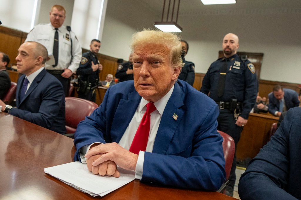 Donald Trump attends trial at Manhattan Criminal Court May 6, 2024 in New York City.