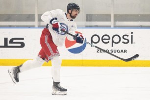 Filip Chytil shoots during Rangers practice in preparation for their Eastern Conference Final showdown vs. the Panthers.