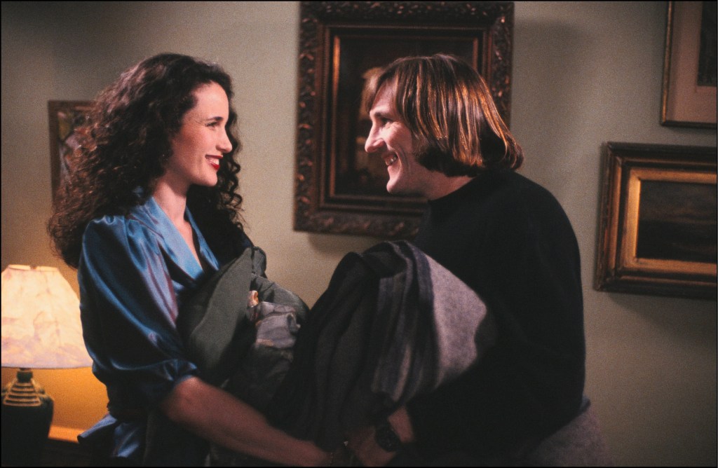 Depardieu with actress Andie McDowell in a scene from "Green card."