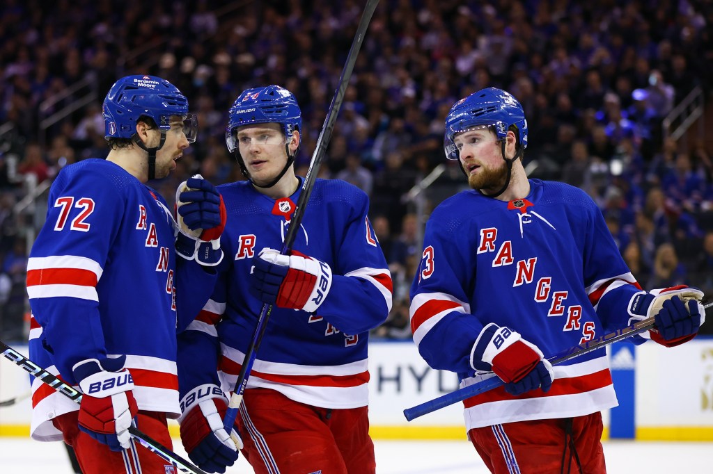 Filip Chytil (72), Kaapo Kakko (24), and Alexis Lafreniere (13) are pictured during the third period of Game 4 of the National Hockey League Eastern Conference First Round between the New Jersey Devils and the New York Rangers on April 24, 2023.