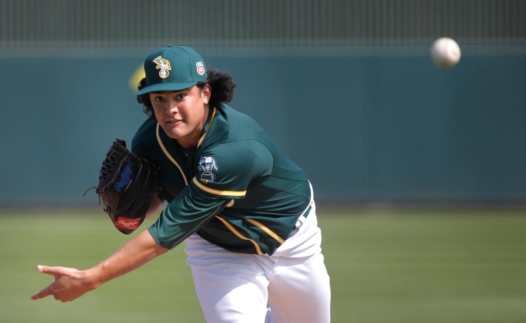 Sean Manaea, 71 throws during an intra-squad game at the Oakland Athletics spring training workouts on Monday February 29, 2016, in Mesa, Arizona.