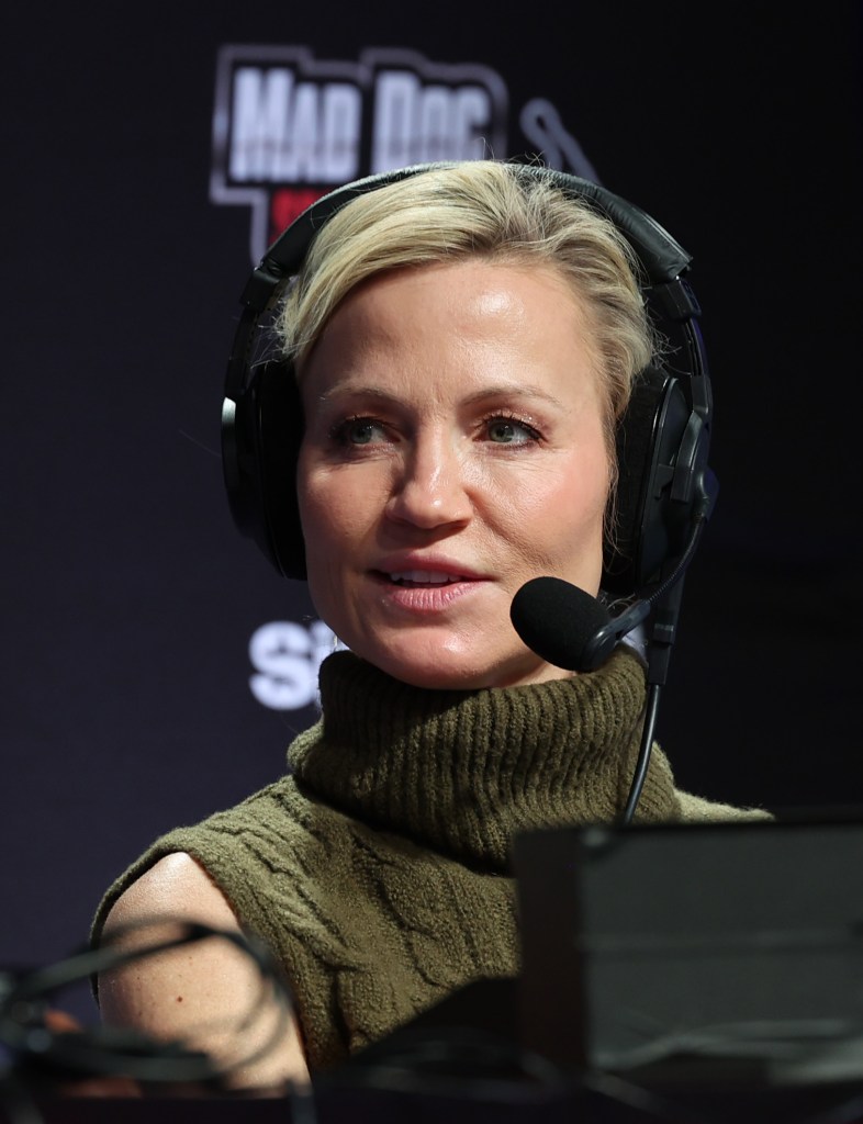 Michelle Beadle speaks on SiriusXM at Super Bowl LVIII on February 08, 2024 in Las Vegas, Nevada. 