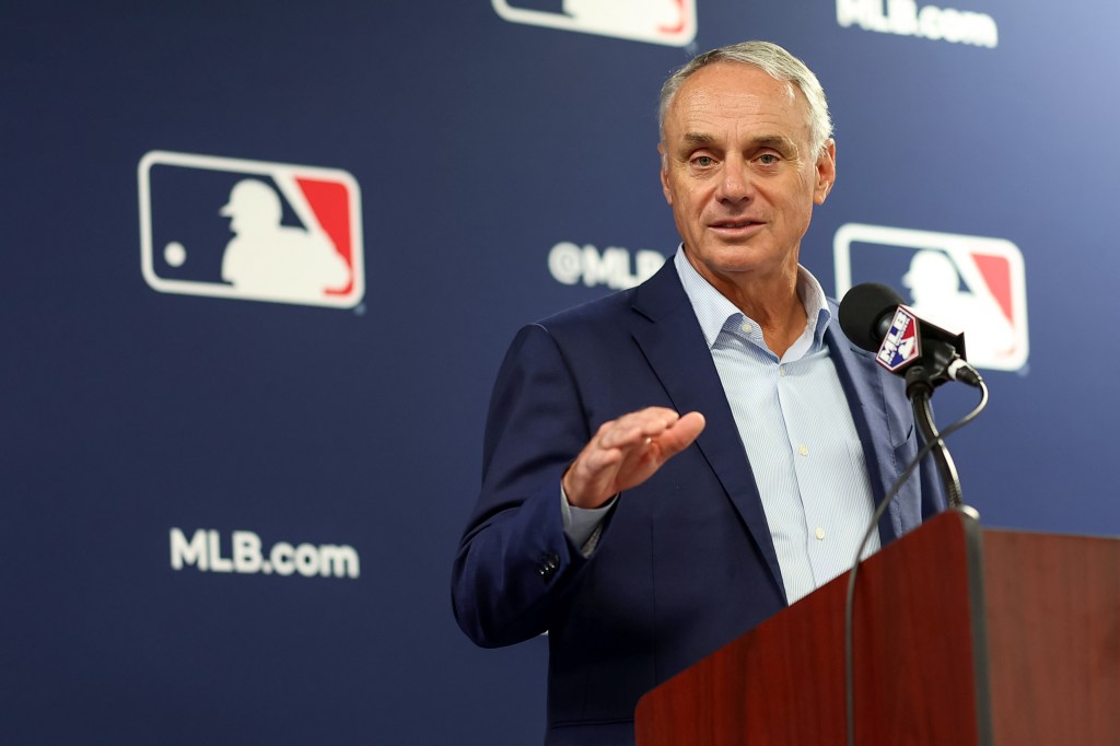 Commissioner of Major League Baseball Robert D. Manfred Jr. speaks during the 2024 Grapefruit League Spring Training Media Day at George M. Steinbrenner Field on Thursday, February 15, 2024 in Tampa, Florida. 