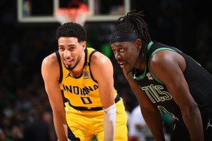 The Celtics aim to go up 3-0 in the Eastern Conference Finals on Saturday against the Pacers, who could be without Tyrese Haliburton (left) as the series moves to Indiana.