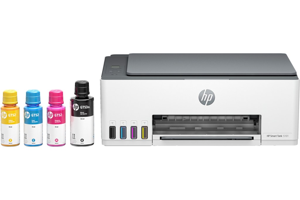 A HP printer accompanied by four bottles of ink