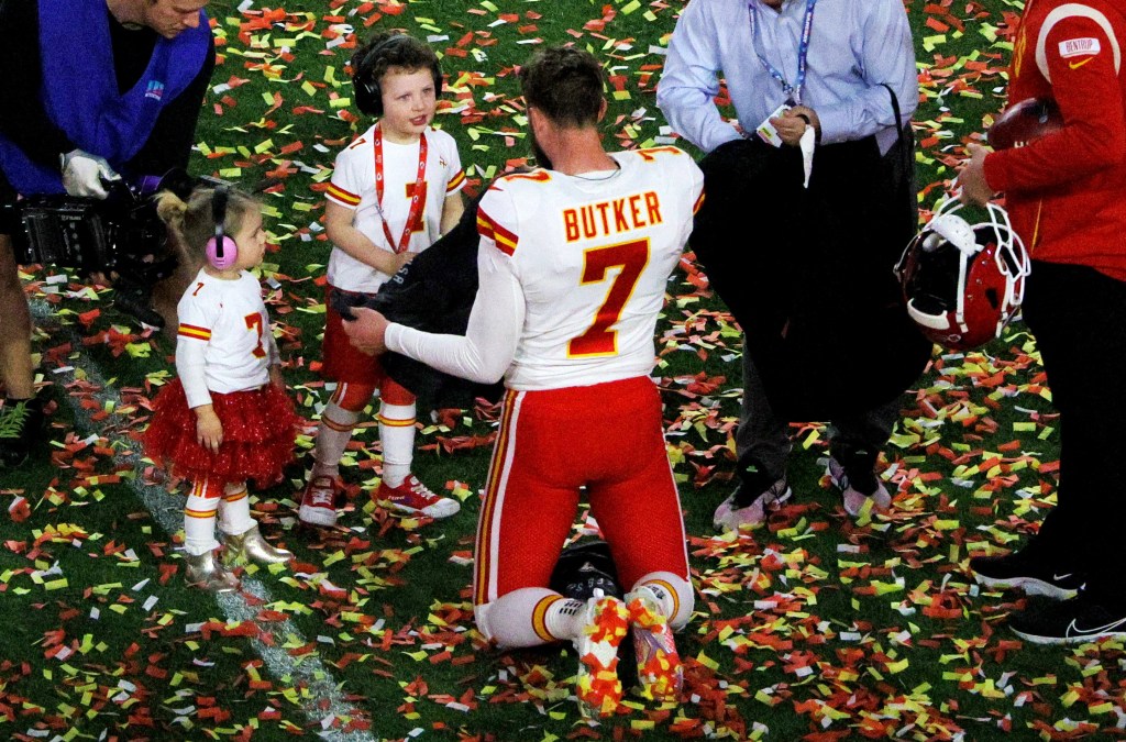 Harrison Butker, with his children after helping the Chiefs win the Super Bowl last February, isn’t the one the NFL needs to distance itself from after his commencement speech to fellow Catholics at a Catholic college came under fire.  