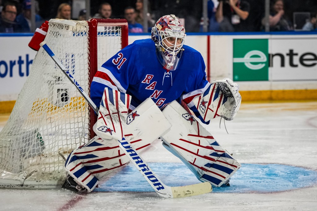 Igor Shesterkin #31 of the New York Rangers tends net during the third period against the Carolina Hurricanes in Game Two of the Second Round of the 2024 Stanley Cup Playoffs at Madison Square Garden on May 07, 2024 in New York City.