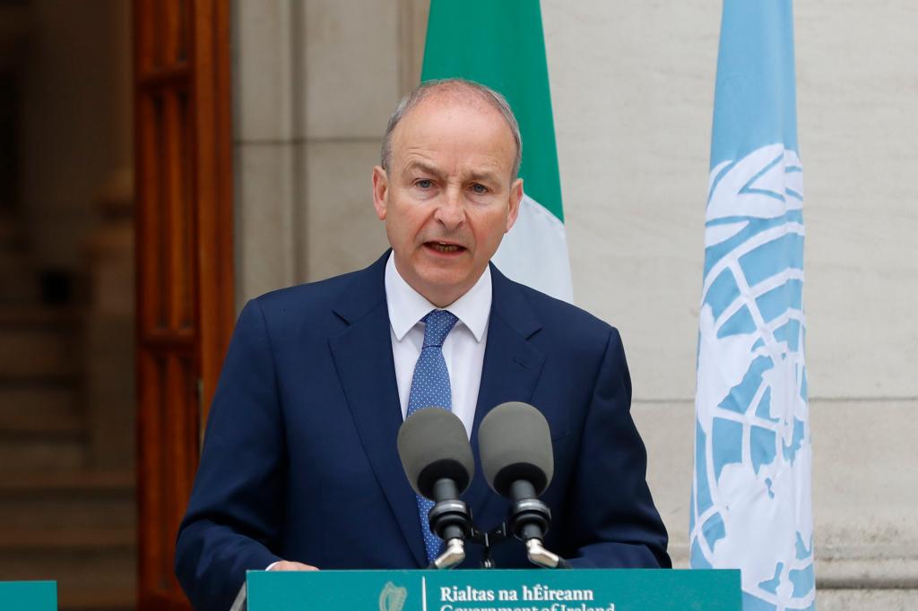 Irish Government leader Tanaiste Micheal Martin, speaks to the media during a press conference outside the Government Buildings in Dublin, Ireland, on May 22, 2024.