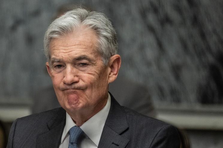 US Chair of the Federal Reserve Jerome Powell reacts during an open session of the Financial Stability Oversight Council at the Treasury Department in Washington, DC on May 10, 2024.