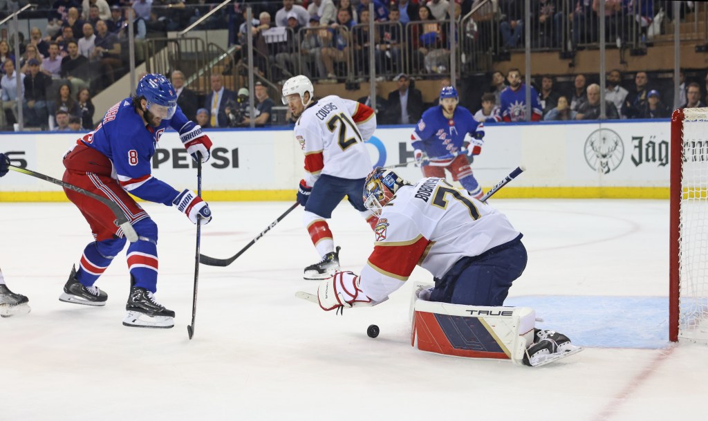 Sergey Bobrovsky makes a save on Jacob Trouba during the third period of the Rangers' Game 1 loss.