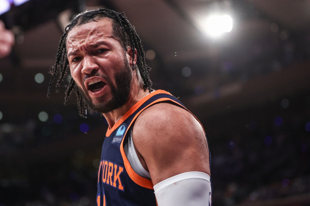 Jalen Brunson celebrates during the third quarter of the Knicks' 130-121 Game 2 win over the Pacers.