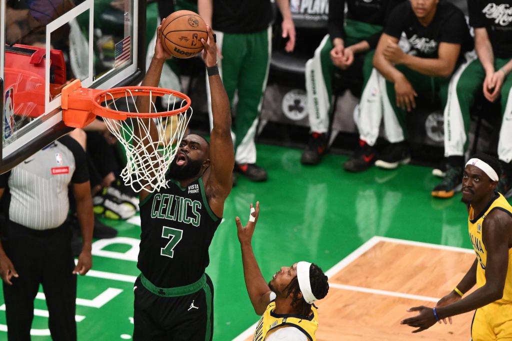 Jaylen Brown, who scored 40 points, slams home a dunk during the Celtics' 126-110 Game 2 win over the Pacers.