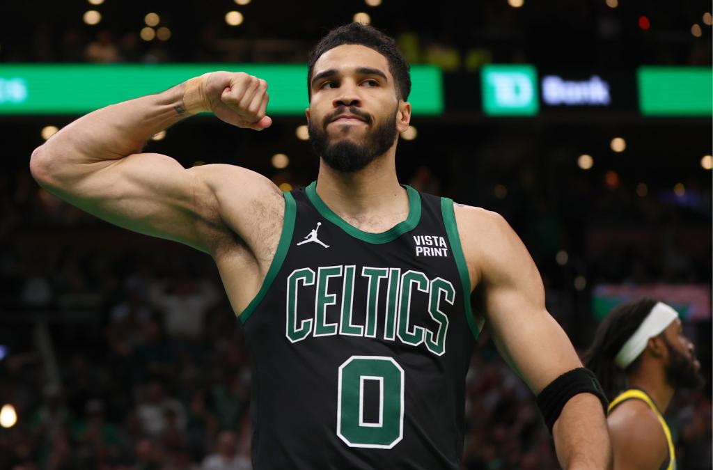 Jayson Tatum celebrates during the Celtics' Game 2 victory.